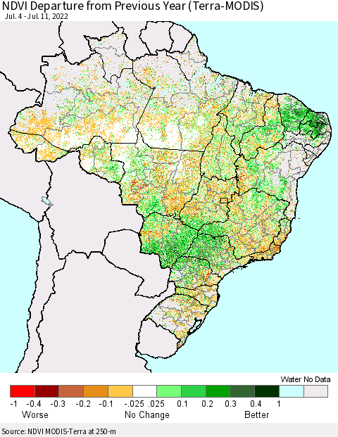 Brazil NDVI Departure from Previous Year (Terra-MODIS) Thematic Map For 7/4/2022 - 7/11/2022