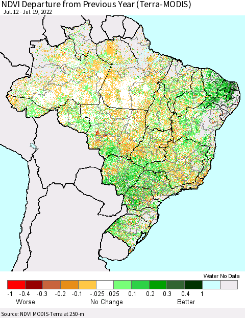 Brazil NDVI Departure from Previous Year (Terra-MODIS) Thematic Map For 7/12/2022 - 7/19/2022