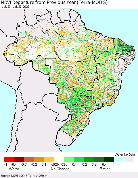 Brazil NDVI Departure from Previous Year (Terra-MODIS) Thematic Map For 7/20/2022 - 7/27/2022