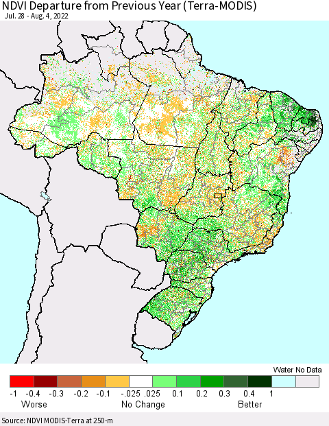 Brazil NDVI Departure from Previous Year (Terra-MODIS) Thematic Map For 7/28/2022 - 8/4/2022