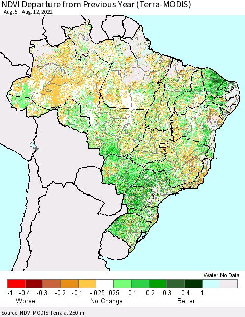 Brazil NDVI Departure from Previous Year (Terra-MODIS) Thematic Map For 8/5/2022 - 8/12/2022