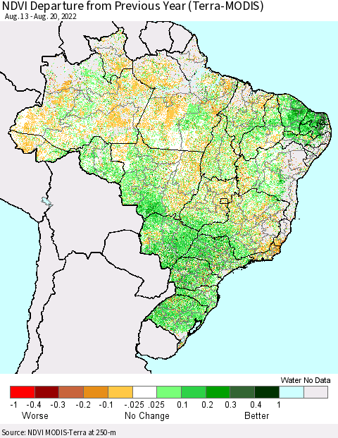 Brazil NDVI Departure from Previous Year (Terra-MODIS) Thematic Map For 8/13/2022 - 8/20/2022
