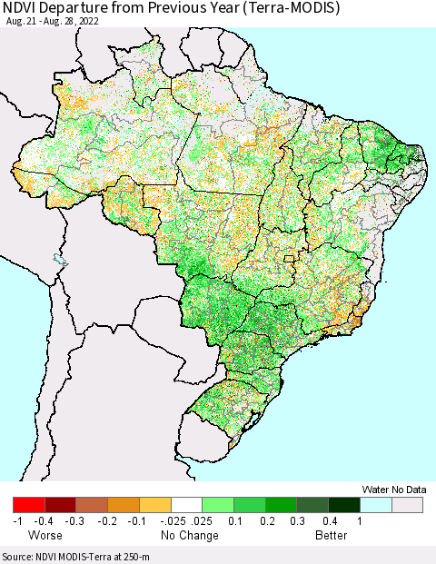 Brazil NDVI Departure from Previous Year (Terra-MODIS) Thematic Map For 8/21/2022 - 8/28/2022