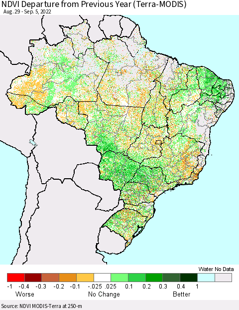 Brazil NDVI Departure from Previous Year (Terra-MODIS) Thematic Map For 8/29/2022 - 9/5/2022