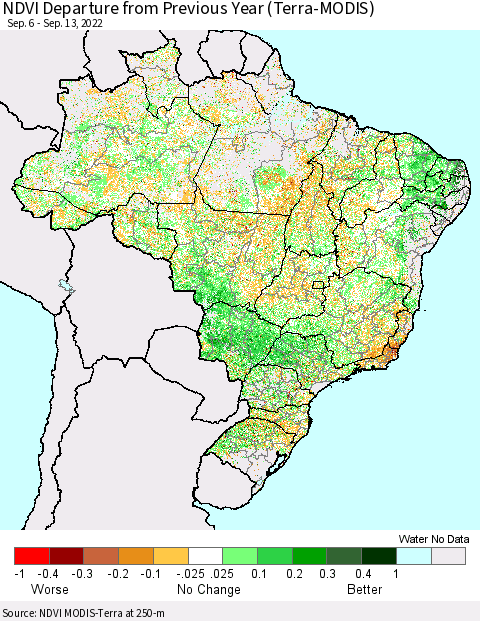 Brazil NDVI Departure from Previous Year (Terra-MODIS) Thematic Map For 9/6/2022 - 9/13/2022