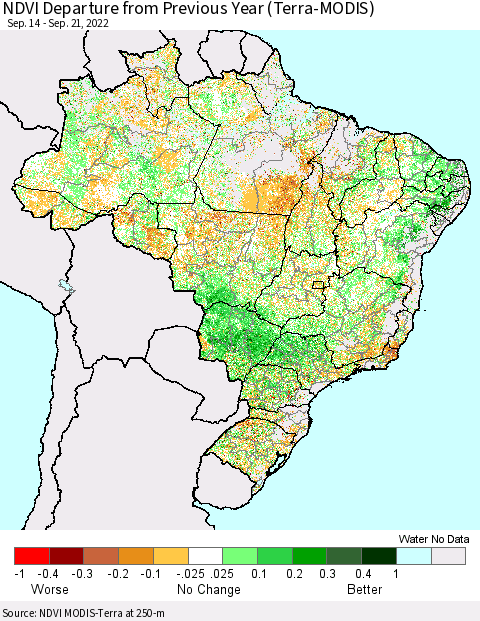 Brazil NDVI Departure from Previous Year (Terra-MODIS) Thematic Map For 9/14/2022 - 9/21/2022