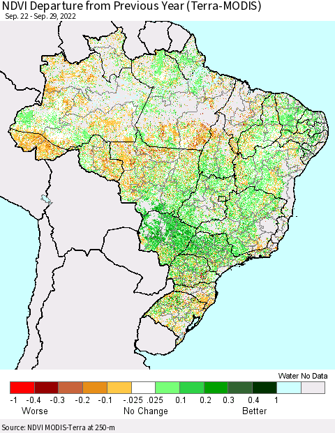 Brazil NDVI Departure from Previous Year (Terra-MODIS) Thematic Map For 9/22/2022 - 9/29/2022