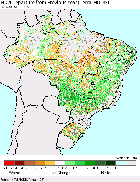 Brazil NDVI Departure from Previous Year (Terra-MODIS) Thematic Map For 9/30/2022 - 10/7/2022