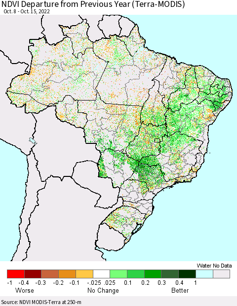 Brazil NDVI Departure from Previous Year (Terra-MODIS) Thematic Map For 10/8/2022 - 10/15/2022