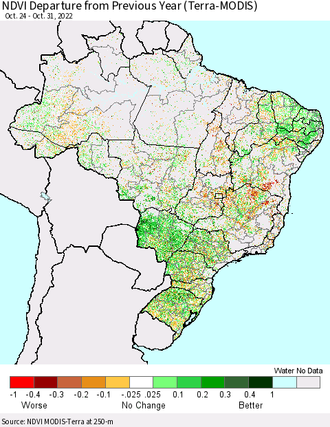 Brazil NDVI Departure from Previous Year (Terra-MODIS) Thematic Map For 10/24/2022 - 10/31/2022