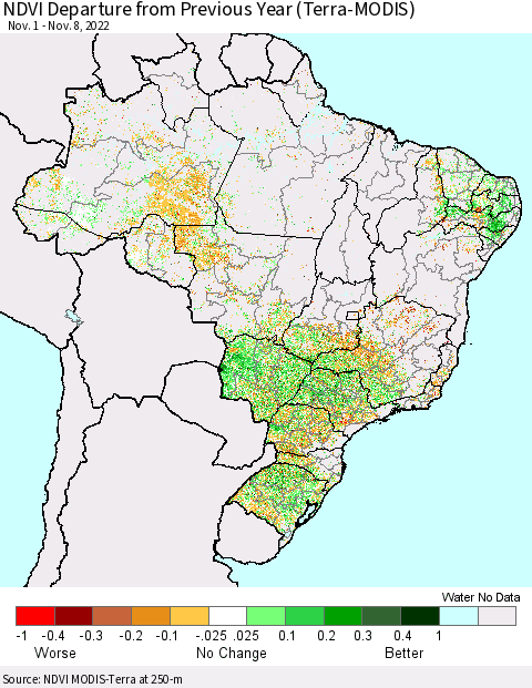 Brazil NDVI Departure from Previous Year (Terra-MODIS) Thematic Map For 11/1/2022 - 11/8/2022