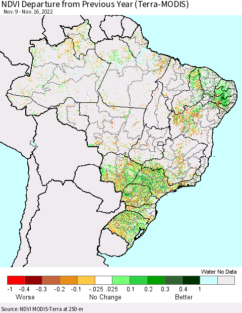 Brazil NDVI Departure from Previous Year (Terra-MODIS) Thematic Map For 11/9/2022 - 11/16/2022