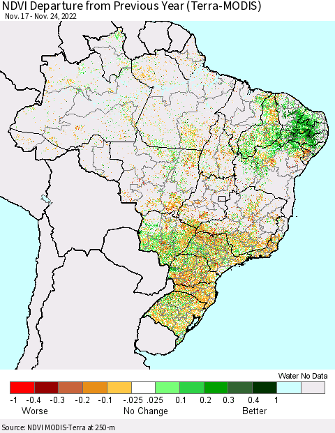 Brazil NDVI Departure from Previous Year (Terra-MODIS) Thematic Map For 11/17/2022 - 11/24/2022