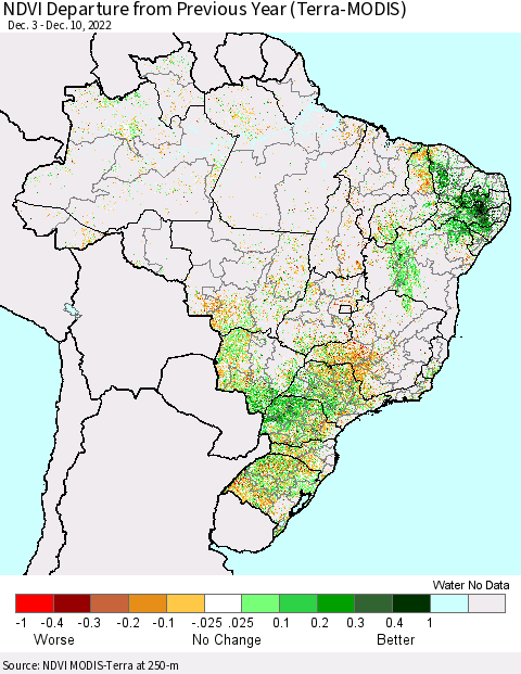 Brazil NDVI Departure from Previous Year (Terra-MODIS) Thematic Map For 12/3/2022 - 12/10/2022