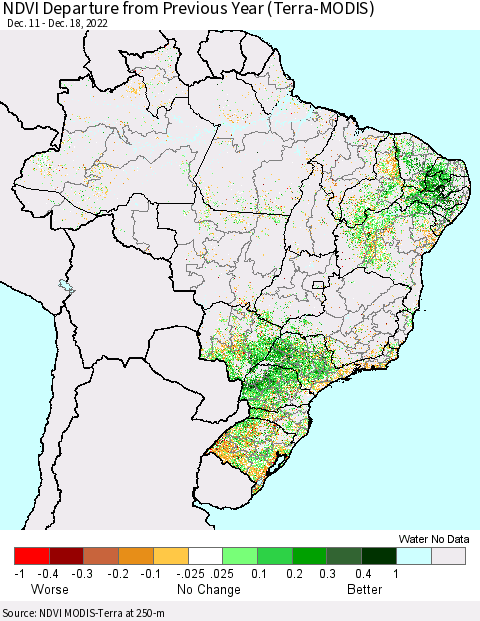 Brazil NDVI Departure from Previous Year (Terra-MODIS) Thematic Map For 12/11/2022 - 12/18/2022
