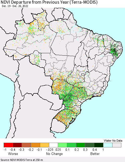 Brazil NDVI Departure from Previous Year (Terra-MODIS) Thematic Map For 12/19/2022 - 12/26/2022