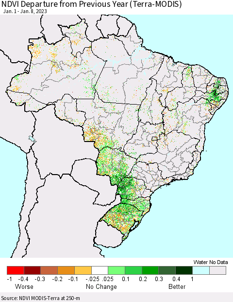 Brazil NDVI Departure from Previous Year (Terra-MODIS) Thematic Map For 1/1/2023 - 1/8/2023