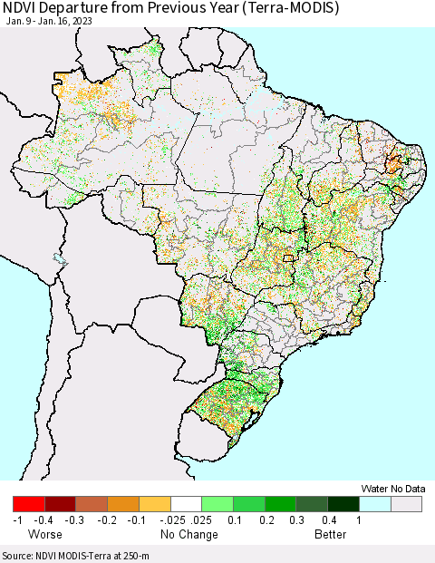 Brazil NDVI Departure from Previous Year (Terra-MODIS) Thematic Map For 1/9/2023 - 1/16/2023