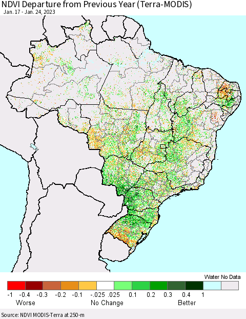 Brazil NDVI Departure from Previous Year (Terra-MODIS) Thematic Map For 1/17/2023 - 1/24/2023
