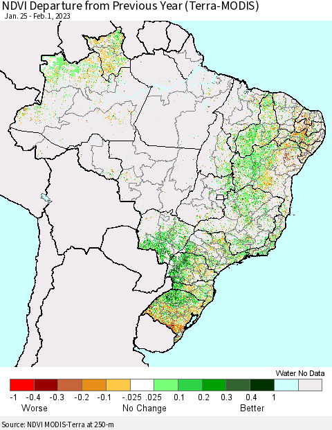 Brazil NDVI Departure from Previous Year (Terra-MODIS) Thematic Map For 1/25/2023 - 2/1/2023