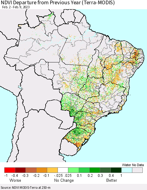 Brazil NDVI Departure from Previous Year (Terra-MODIS) Thematic Map For 2/2/2023 - 2/9/2023