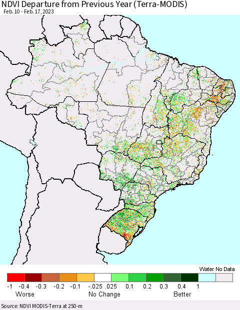 Brazil NDVI Departure from Previous Year (Terra-MODIS) Thematic Map For 2/10/2023 - 2/17/2023