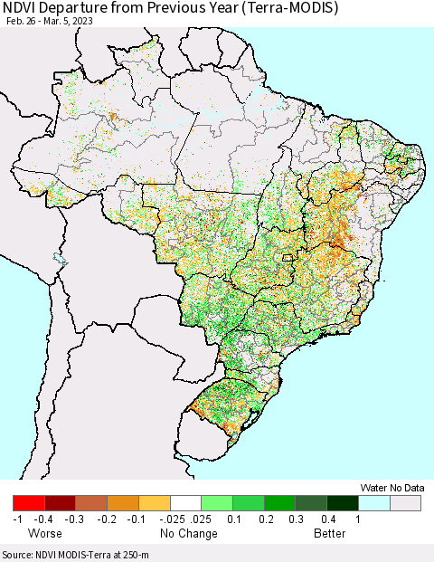 Brazil NDVI Departure from Previous Year (Terra-MODIS) Thematic Map For 2/26/2023 - 3/5/2023