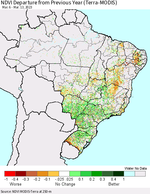 Brazil NDVI Departure from Previous Year (Terra-MODIS) Thematic Map For 3/6/2023 - 3/13/2023