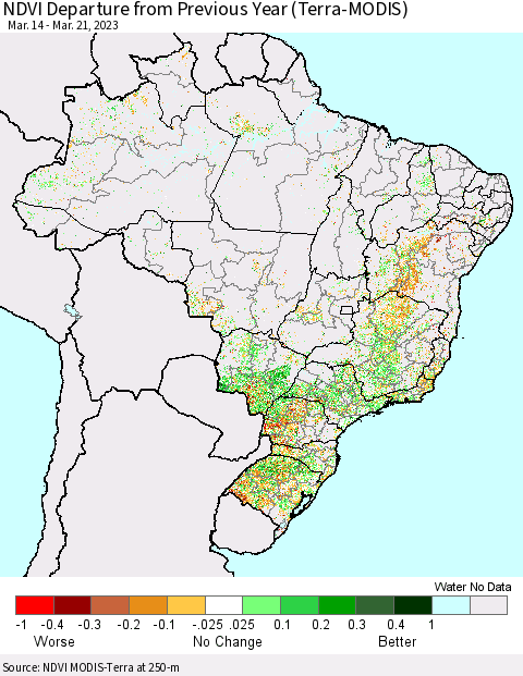Brazil NDVI Departure from Previous Year (Terra-MODIS) Thematic Map For 3/14/2023 - 3/21/2023