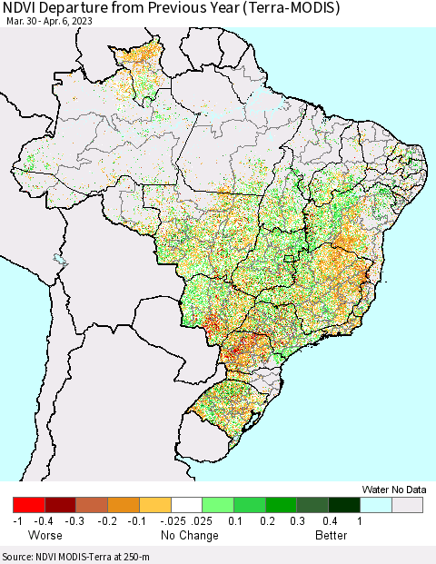 Brazil NDVI Departure from Previous Year (Terra-MODIS) Thematic Map For 3/30/2023 - 4/6/2023