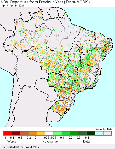 Brazil NDVI Departure from Previous Year (Terra-MODIS) Thematic Map For 4/7/2023 - 4/14/2023