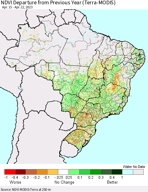 Brazil NDVI Departure from Previous Year (Terra-MODIS) Thematic Map For 4/15/2023 - 4/22/2023