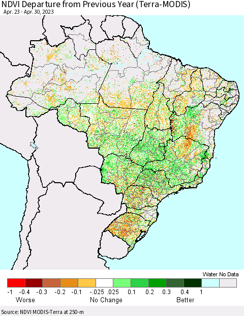 Brazil NDVI Departure from Previous Year (Terra-MODIS) Thematic Map For 4/23/2023 - 4/30/2023