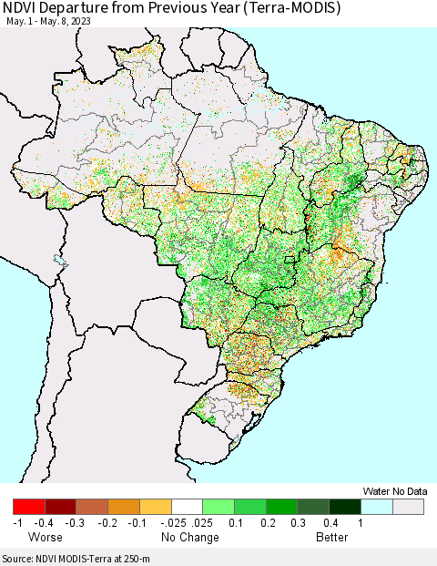 Brazil NDVI Departure from Previous Year (Terra-MODIS) Thematic Map For 5/1/2023 - 5/8/2023