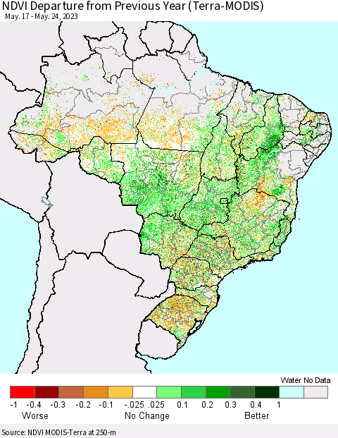Brazil NDVI Departure from Previous Year (Terra-MODIS) Thematic Map For 5/17/2023 - 5/24/2023