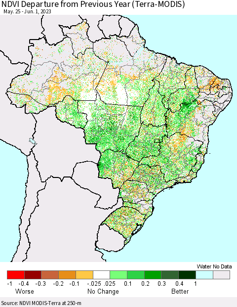 Brazil NDVI Departure from Previous Year (Terra-MODIS) Thematic Map For 5/25/2023 - 6/1/2023