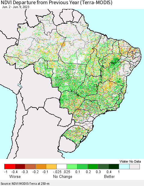 Brazil NDVI Departure from Previous Year (Terra-MODIS) Thematic Map For 6/2/2023 - 6/9/2023