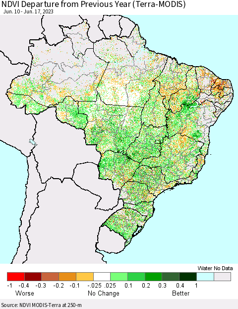 Brazil NDVI Departure from Previous Year (Terra-MODIS) Thematic Map For 6/10/2023 - 6/17/2023