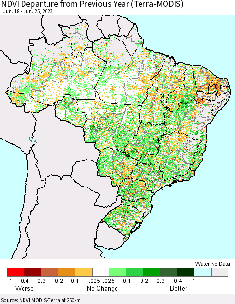 Brazil NDVI Departure from Previous Year (Terra-MODIS) Thematic Map For 6/18/2023 - 6/25/2023