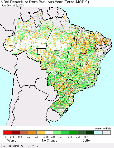 Brazil NDVI Departure from Previous Year (Terra-MODIS) Thematic Map For 6/26/2023 - 7/3/2023