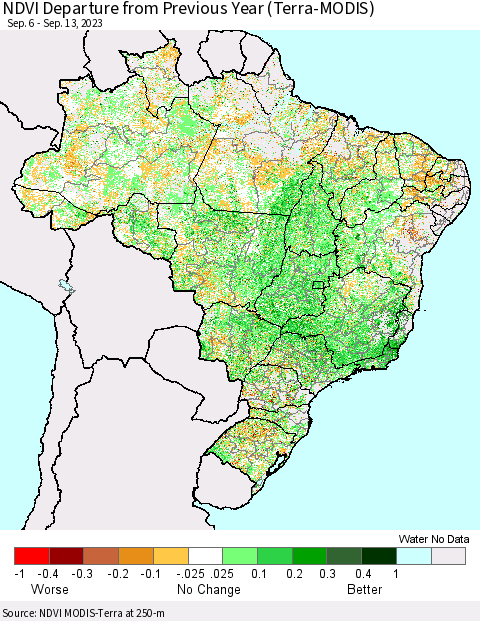 Brazil NDVI Departure from Previous Year (Terra-MODIS) Thematic Map For 9/6/2023 - 9/13/2023