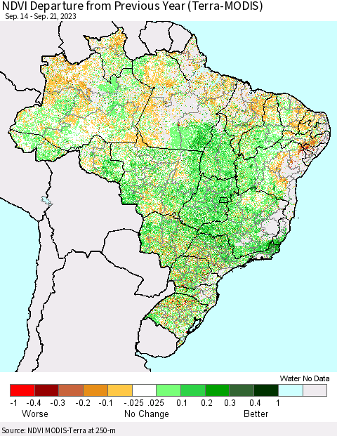 Brazil NDVI Departure from Previous Year (Terra-MODIS) Thematic Map For 9/14/2023 - 9/21/2023