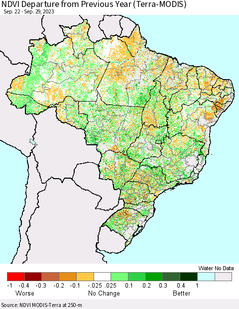 Brazil NDVI Departure from Previous Year (Terra-MODIS) Thematic Map For 9/22/2023 - 9/29/2023