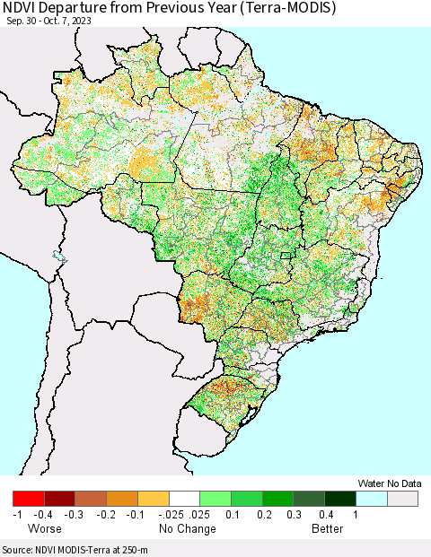Brazil NDVI Departure from Previous Year (Terra-MODIS) Thematic Map For 9/30/2023 - 10/7/2023