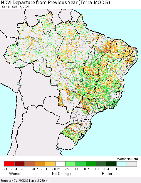 Brazil NDVI Departure from Previous Year (Terra-MODIS) Thematic Map For 10/8/2023 - 10/15/2023
