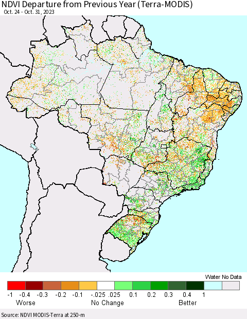 Brazil NDVI Departure from Previous Year (Terra-MODIS) Thematic Map For 10/24/2023 - 10/31/2023