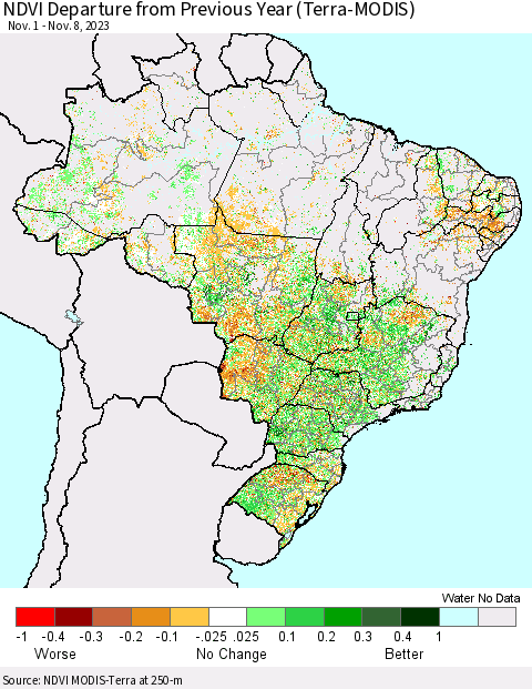 Brazil NDVI Departure from Previous Year (Terra-MODIS) Thematic Map For 11/1/2023 - 11/8/2023