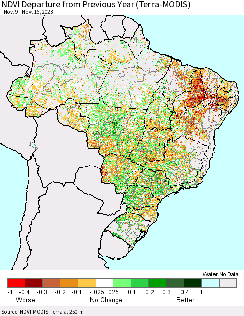 Brazil NDVI Departure from Previous Year (Terra-MODIS) Thematic Map For 11/9/2023 - 11/16/2023