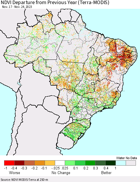 Brazil NDVI Departure from Previous Year (Terra-MODIS) Thematic Map For 11/17/2023 - 11/24/2023