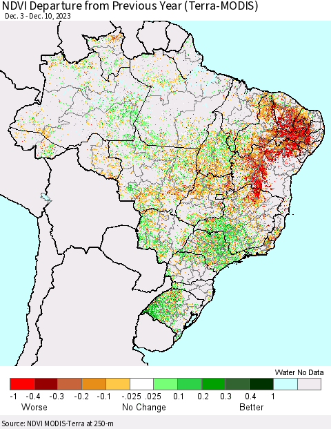 Brazil NDVI Departure from Previous Year (Terra-MODIS) Thematic Map For 12/3/2023 - 12/10/2023